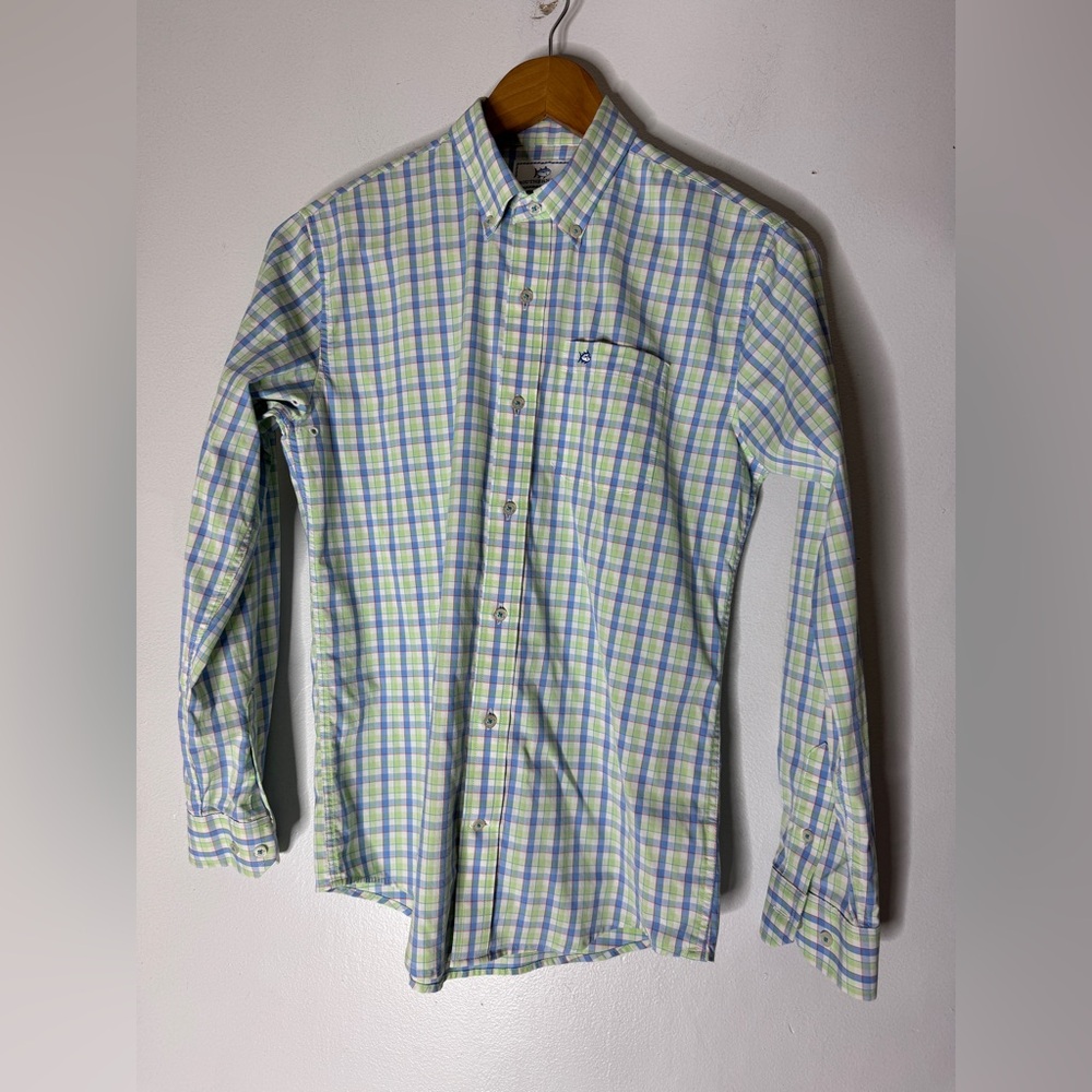 southern tide intercoastal Boy Xl (16) Green Blue Plaid Collar Button Down Nylon